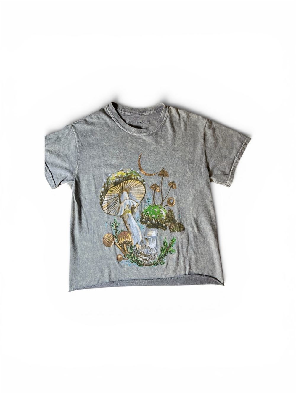 Women’s Mushroom Graphic Tee Crop Top- Gray  (S)